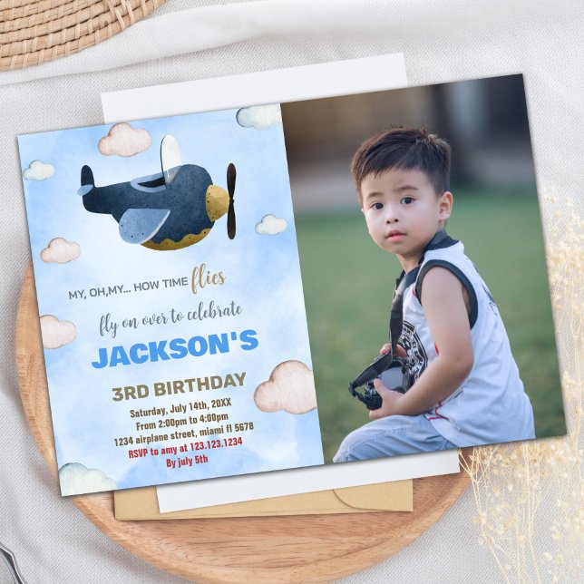 Invitaciones de cumpleaños del avión con foto (Airplane Birthday Invitations with photo)