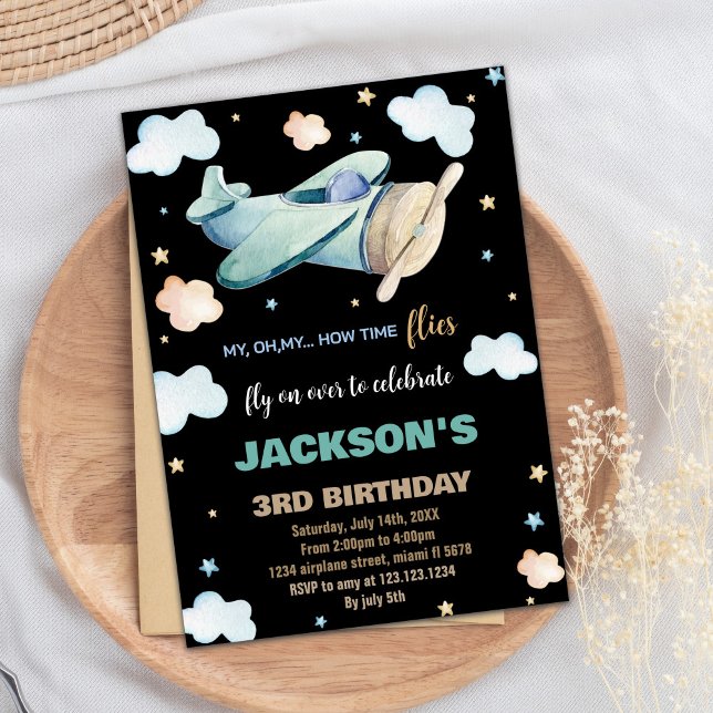 Invitaciones de cumpleaños del avión Green Brown B (Airplane Birthday Invitations Green Brown Black BK)