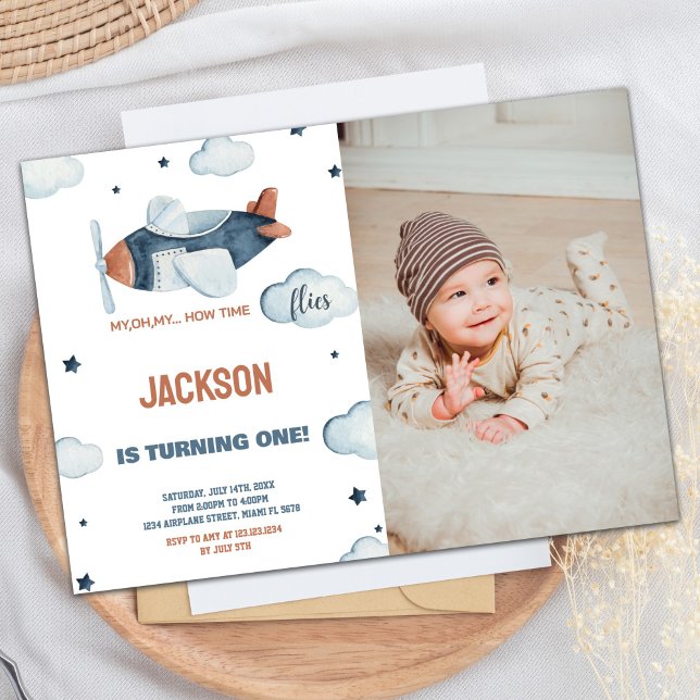 Invitaciones de cumpleaños del avión Marrón gris c (Airplane Birthday Invitations Gray Brown w photo)