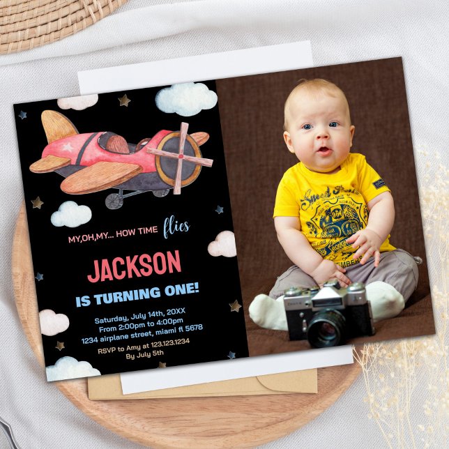 Invitaciones de cumpleaños del avión Marrón negro  (Airplane Birthday Invitations Black Brown w Photo)
