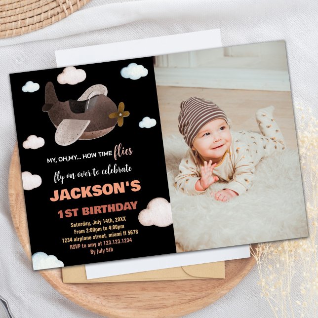 Invitaciones de cumpleaños del avión Marrón negro  (Airplane Birthday Invitations Black Brown w Photo)