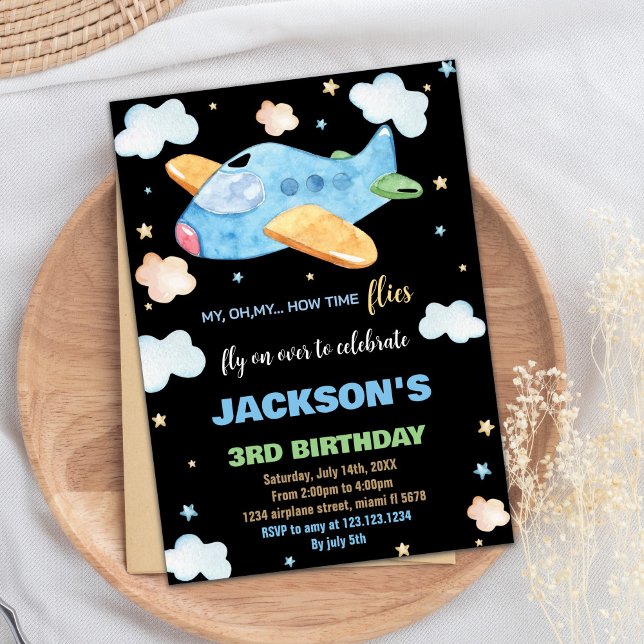 Invitaciones de cumpleaños del avión Naranja azul  (Airplane Birthday Invitations Blue Orange Black BK)