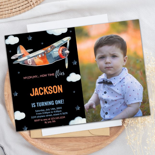Invitaciones de cumpleaños del avión Naranja negro (Airplane Birthday Invitations Black Orange w Photo)