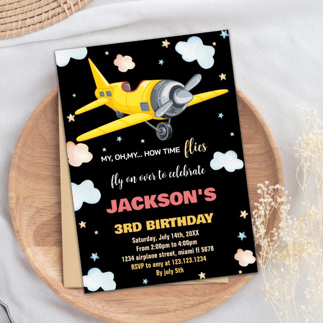 Invitaciones de cumpleaños del avión negro amarill (Airplane Birthday Invitations Yellow Black BK)