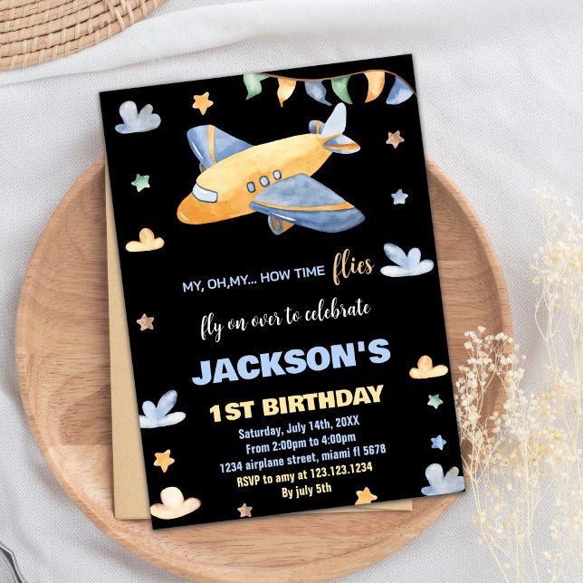 Invitaciones de cumpleaños del avión negro amarill (Airplane Birthday Invitations Yellow Gray Black BK)