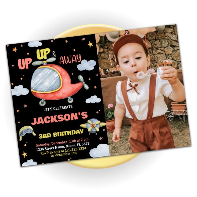 Invitaciones de cumpleaños del avión Red Black con (Airplane Birthday Invitations Red Black with Photo)