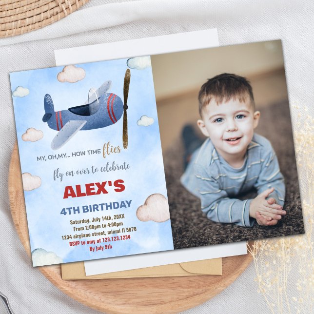 Invitaciones de cumpleaños del avión rojo azul con (Airplane Birthday Invitations Blue Red With photo)