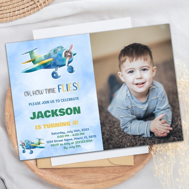 Invitaciones de cumpleaños del avión Verde azul co (Airplane Birthday Invitations Blue Green w photo)