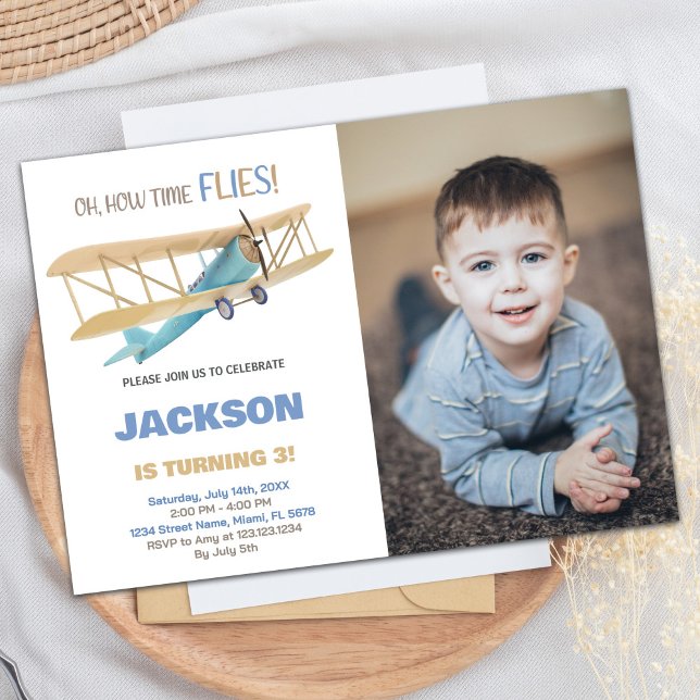 Invitaciones de cumpleaños del avión Verde azul co (Airplane Birthday Invitations Blue Green w photo)