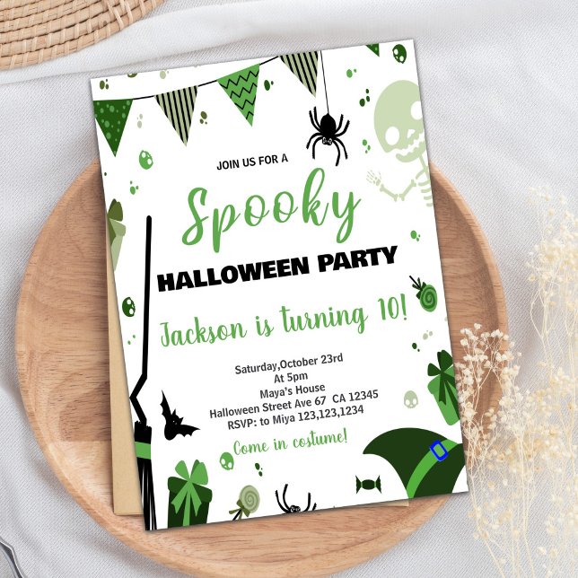 Invitaciones de cumpleaños del Balón Verde Hallowe (Green Ballon Halloween Birthday Invitations)