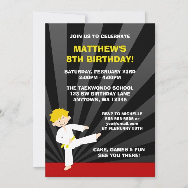 Invitaciones de cumpleaños del cinturón amarillo T (Anverso)