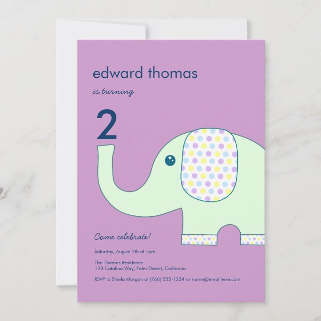Invitaciones de cumpleaños del elefante las 5 hora (Anverso)