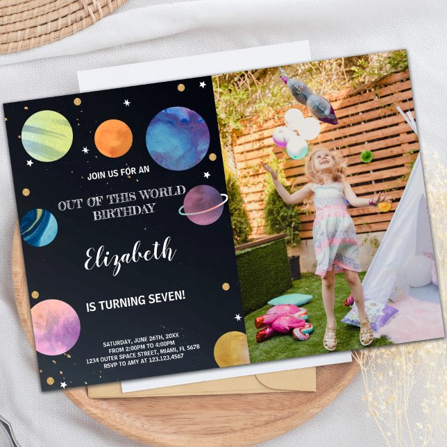 Invitaciones de cumpleaños del espacio negro con f (Black Outer Space Birthday Invitations with photo)