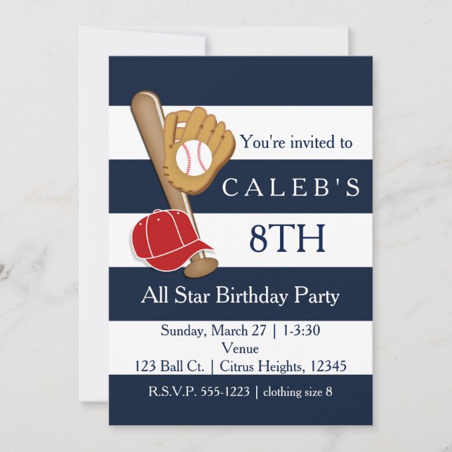 Invitaciones de cumpleaños del Fiesta de béisbol B (Anverso)