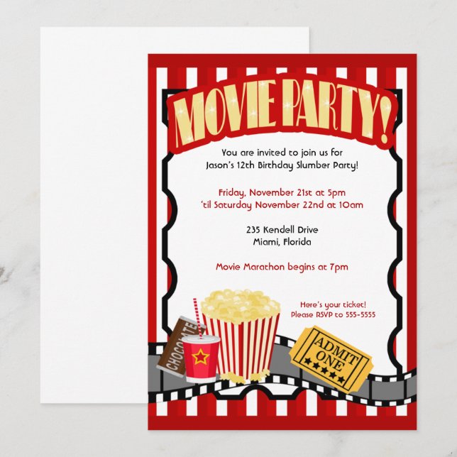 Invitaciones de cumpleaños del FIESTA de la PELÍCU (Anverso / Reverso)