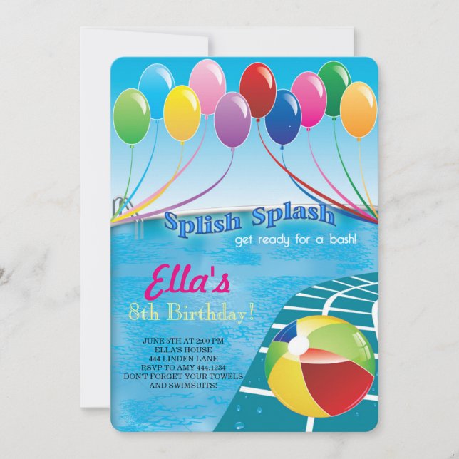 Invitaciones de cumpleaños del Fiesta de la piscin (Anverso)