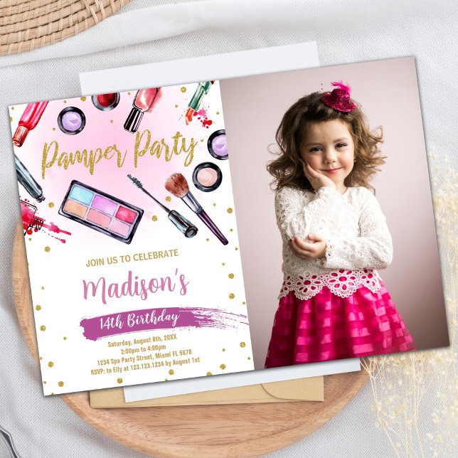 Invitaciones de cumpleaños del Fiesta Pamper de fo (Pink White Photo Pamper Party Birthday Invitations)