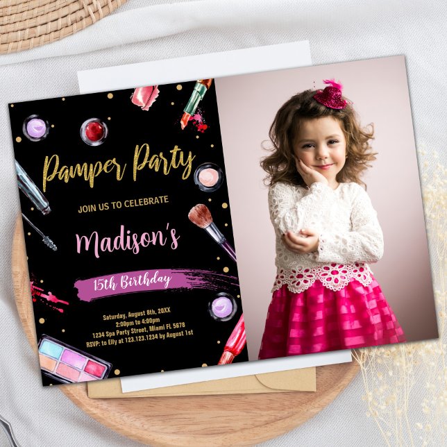 Invitaciones de cumpleaños del Fiesta Pamper de fo (Pink Black Photo Pamper Party Birthday Invitations)