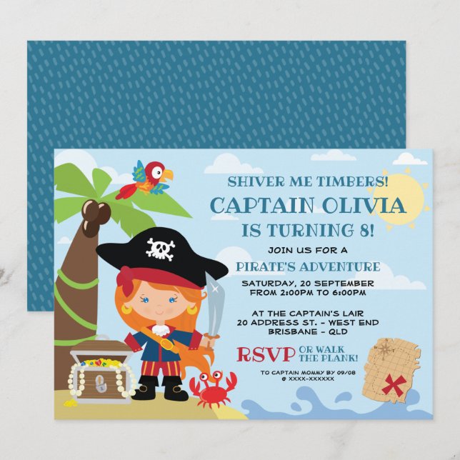 Invitaciones de cumpleaños del Fiesta pirata chica (Anverso / Reverso)