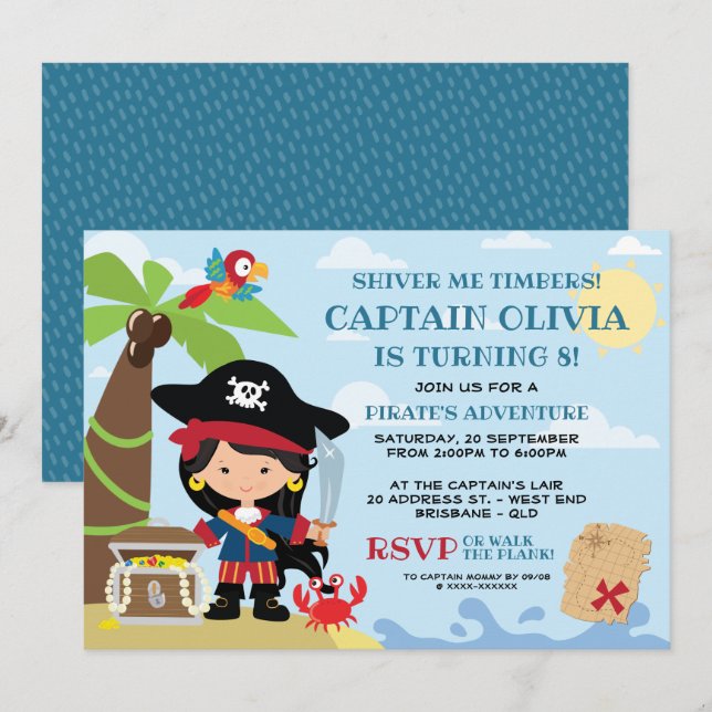 Invitaciones de cumpleaños del Fiesta pirata chica (Anverso / Reverso)