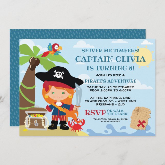 Invitaciones de cumpleaños del Fiesta pirata chica (Anverso / Reverso)