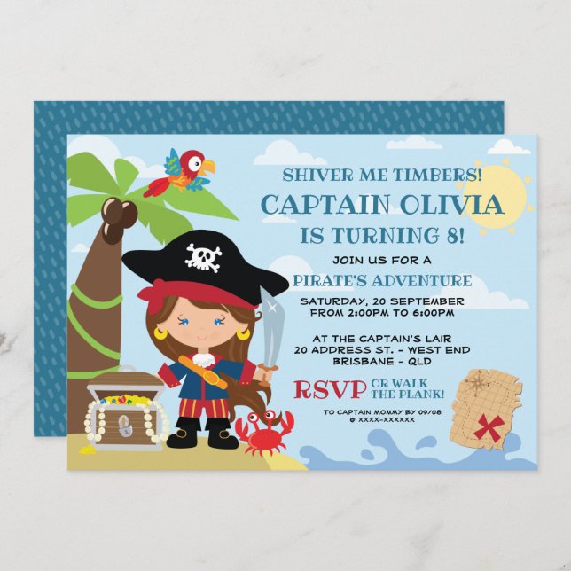 Invitaciones de cumpleaños del Fiesta pirata chica (Anverso / Reverso)