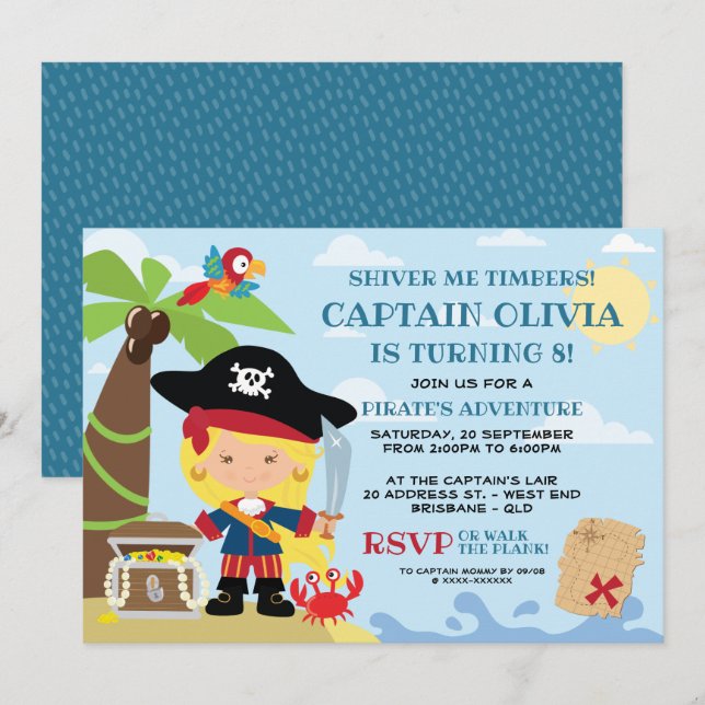 Invitaciones de cumpleaños del Fiesta pirata chica (Anverso / Reverso)
