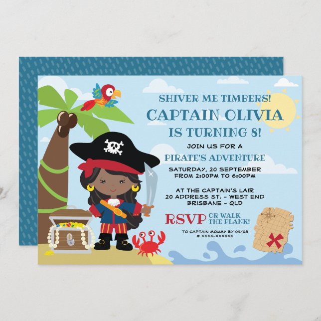 Invitaciones de cumpleaños del Fiesta pirata chica (Anverso / Reverso)