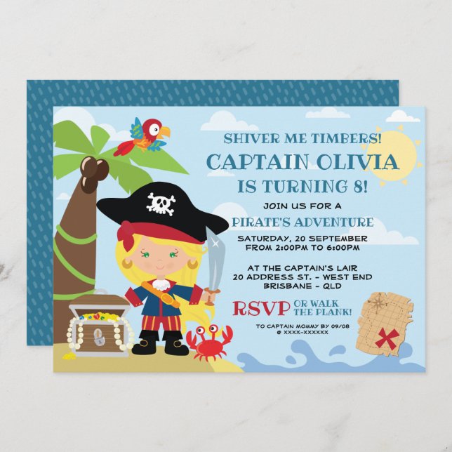 Invitaciones de cumpleaños del Fiesta pirata chica (Anverso / Reverso)
