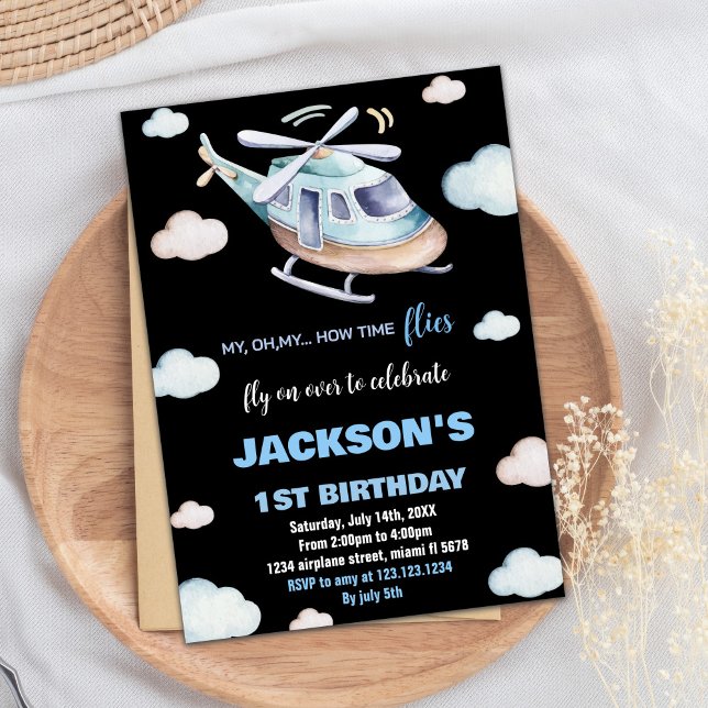 Invitaciones de cumpleaños del helicóptero azul gr (Helicopter Birthday Invitations Gray Blue Black BK)