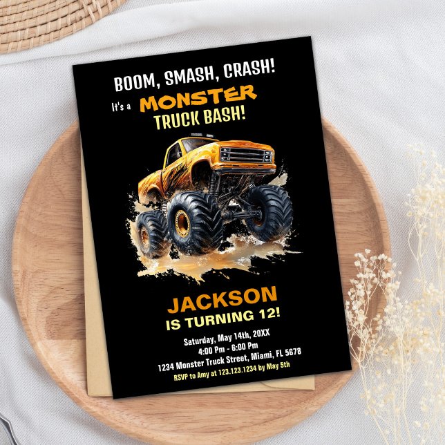 Invitaciones de cumpleaños del naranja Dark Monste (Orange Dark Monster Truck Birthday Invitations)