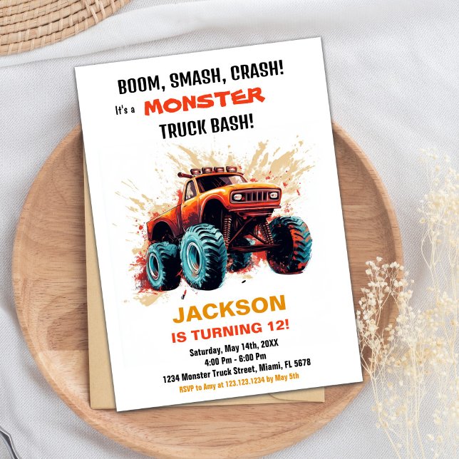 Invitaciones de cumpleaños del naranja Red Monster (Orange Red Monster Truck Birthday Invitations)