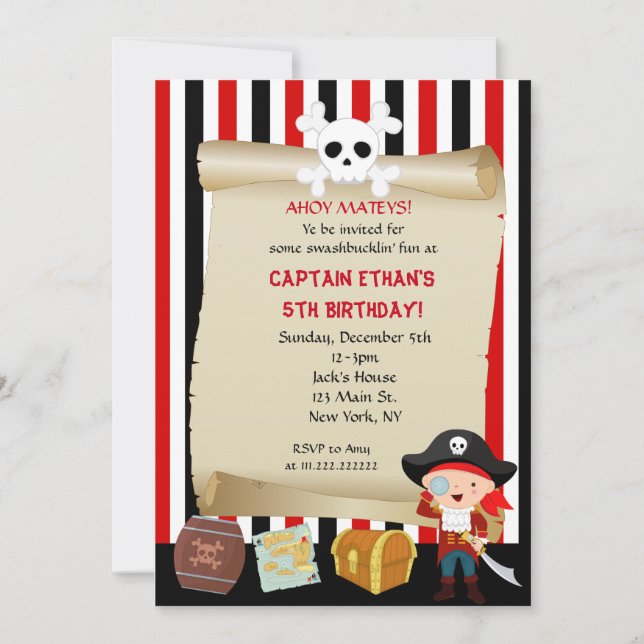 Invitaciones de cumpleaños del niño pirata (Anverso)