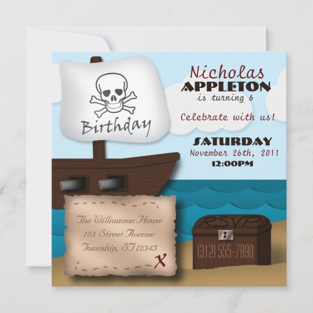 Invitaciones de cumpleaños del pirata Ship Treasur (Anverso)