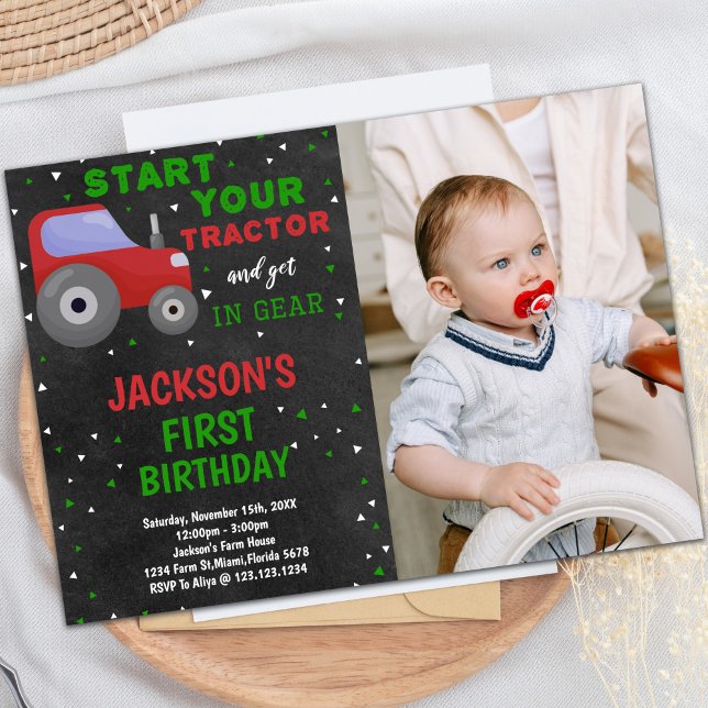 Invitaciones de cumpleaños del Tractor Rojo Gris c (Gray Red Tractor Birthday Invitations with photo)