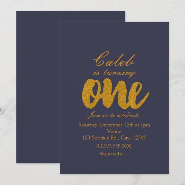 Invitaciones de cumpleaños doradas para el primer  (Anverso / Reverso)