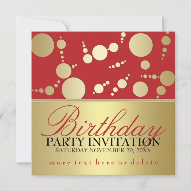 Invitaciones de cumpleaños doradas rojas de estilo (Anverso)