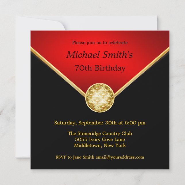Invitaciones de cumpleaños elegantes de color rojo (Anverso)