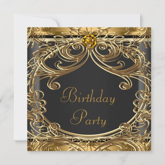 Invitaciones de cumpleaños elegantes de negro y do (Anverso)
