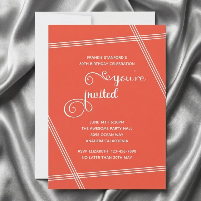 Invitaciones de cumpleaños elegantes y modernas pa (30th birthday invite in orange. Grey silk background.)