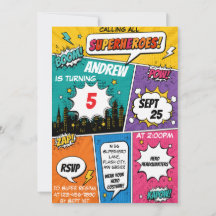Invitaciones de cumpleaños – Estilo cómic de super