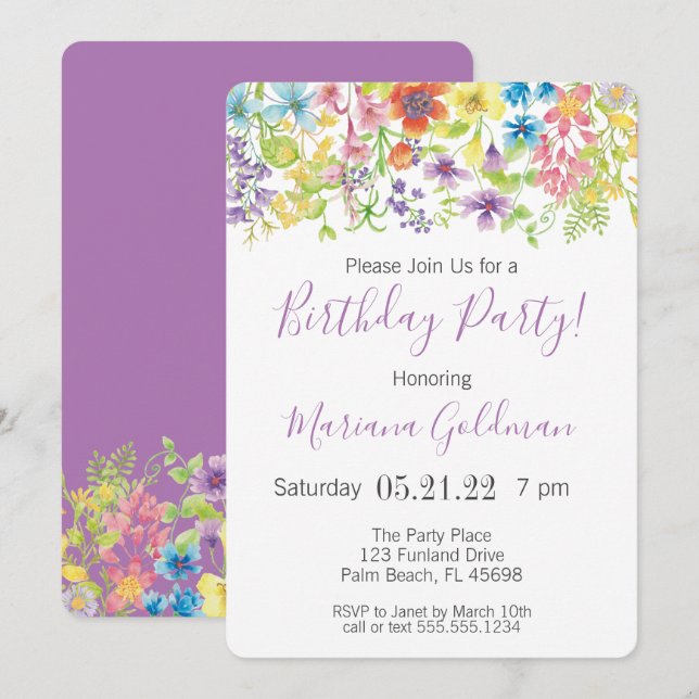 Invitaciones de cumpleaños Fiesta Purple Wildflowe (Anverso / Reverso)