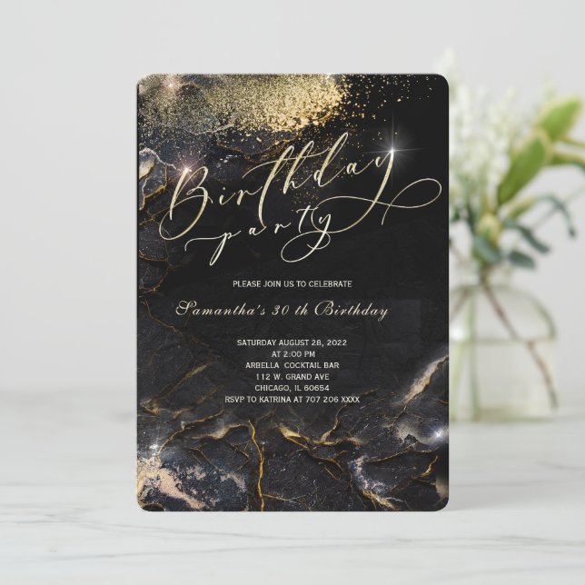Invitaciones de cumpleaños florales de oro negro (Anverso de pie)