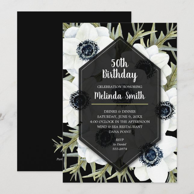 Invitaciones de cumpleaños florales en blanco y ne (Anverso / Reverso)
