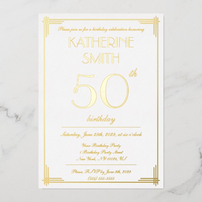 Invitaciones de cumpleaños Gatsby con lámina de or (Anverso)