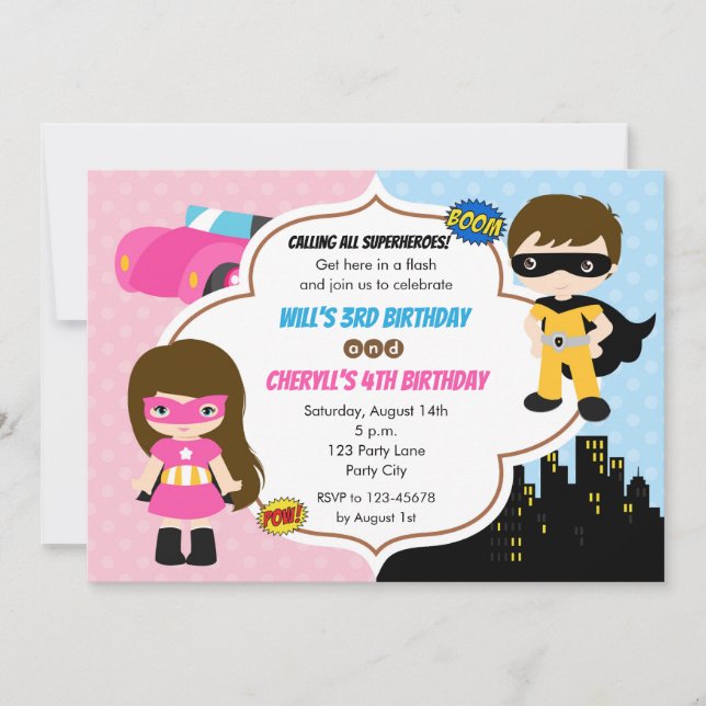 Invitaciones de cumpleaños gemelos (Chica de super (Anverso)