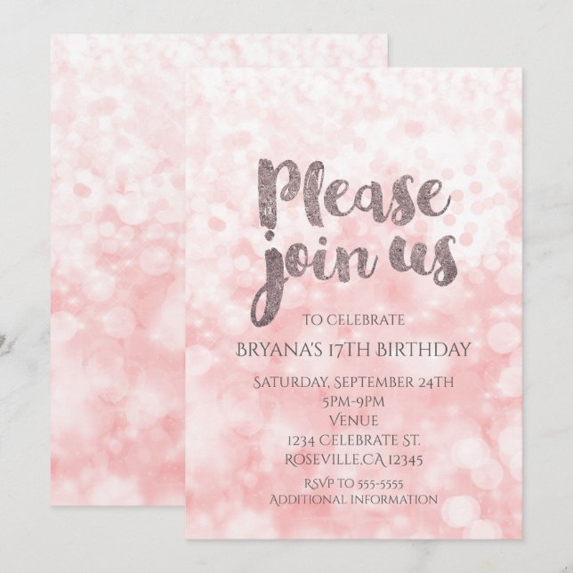 Invitaciones de cumpleaños glamurosas con destello (Anverso / Reverso)