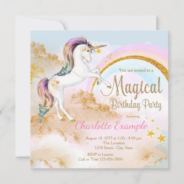 Invitaciones de cumpleaños mágicas de unicornio (Anverso)