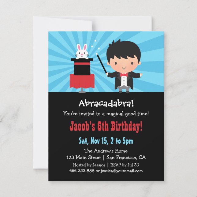Invitaciones de cumpleaños mágicos para niños mago (Anverso)