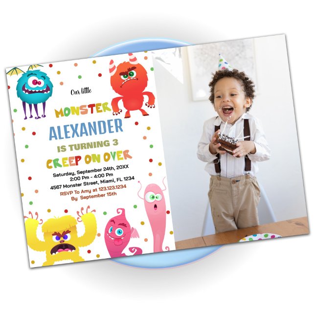 Invitaciones de cumpleaños monstruales rojas con f (Monster Birthday Invitations Red with photo)